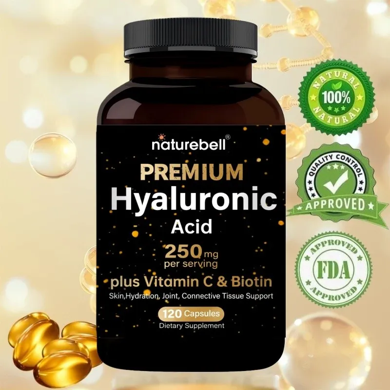 Naturebell Premium Hyaluronic Acid 120 Capsules Dietary Supplement, 250 mg per serving, plus Vitamin C & Biotin, Skin, Hydration, Joints, Connective Tissue Support
