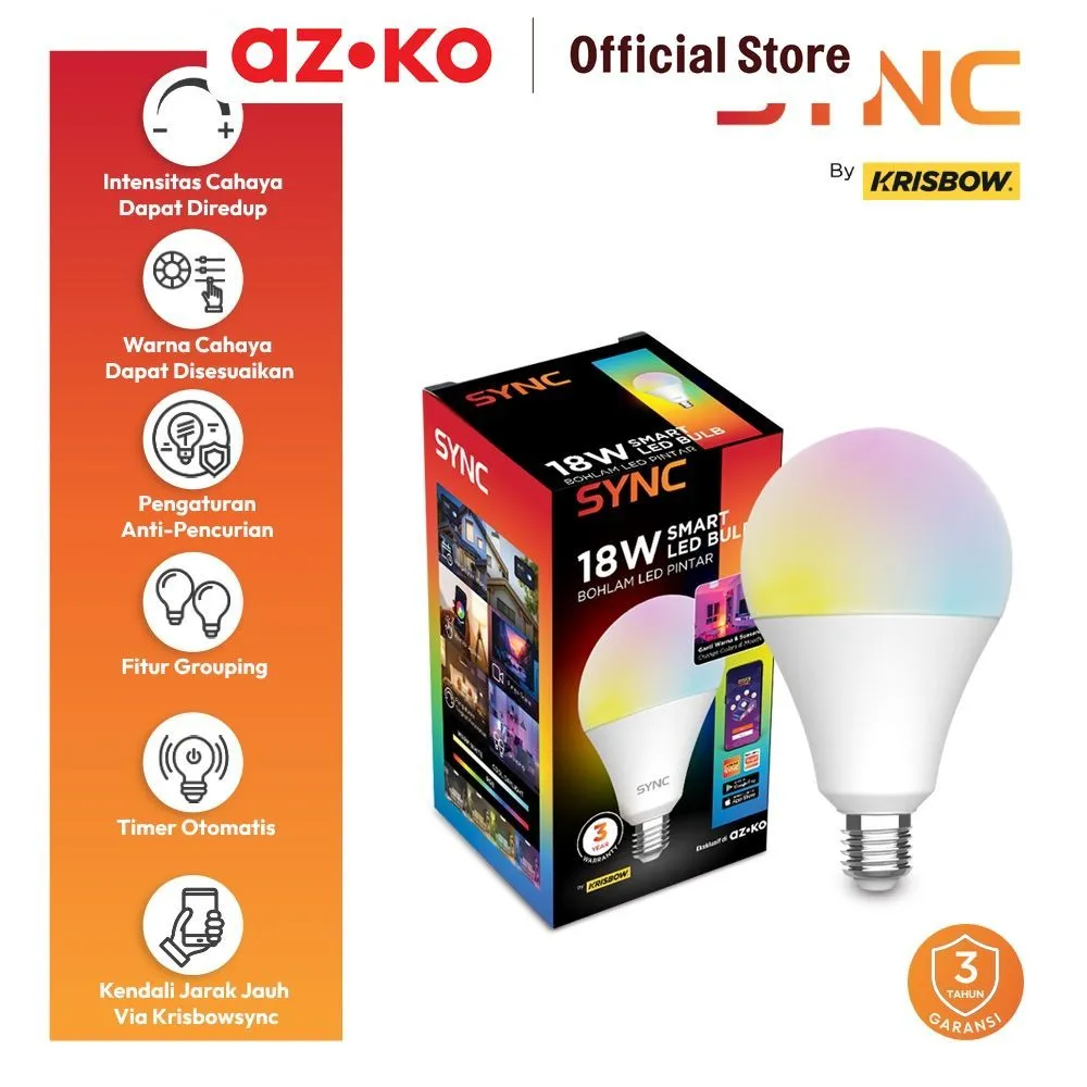 AZKO Krisbow Sync Smart Bohlam Led Wifi 18 watt Rgbcw Lampu Bulb Light Lampu Listrik Light Bulb Bola Lampu