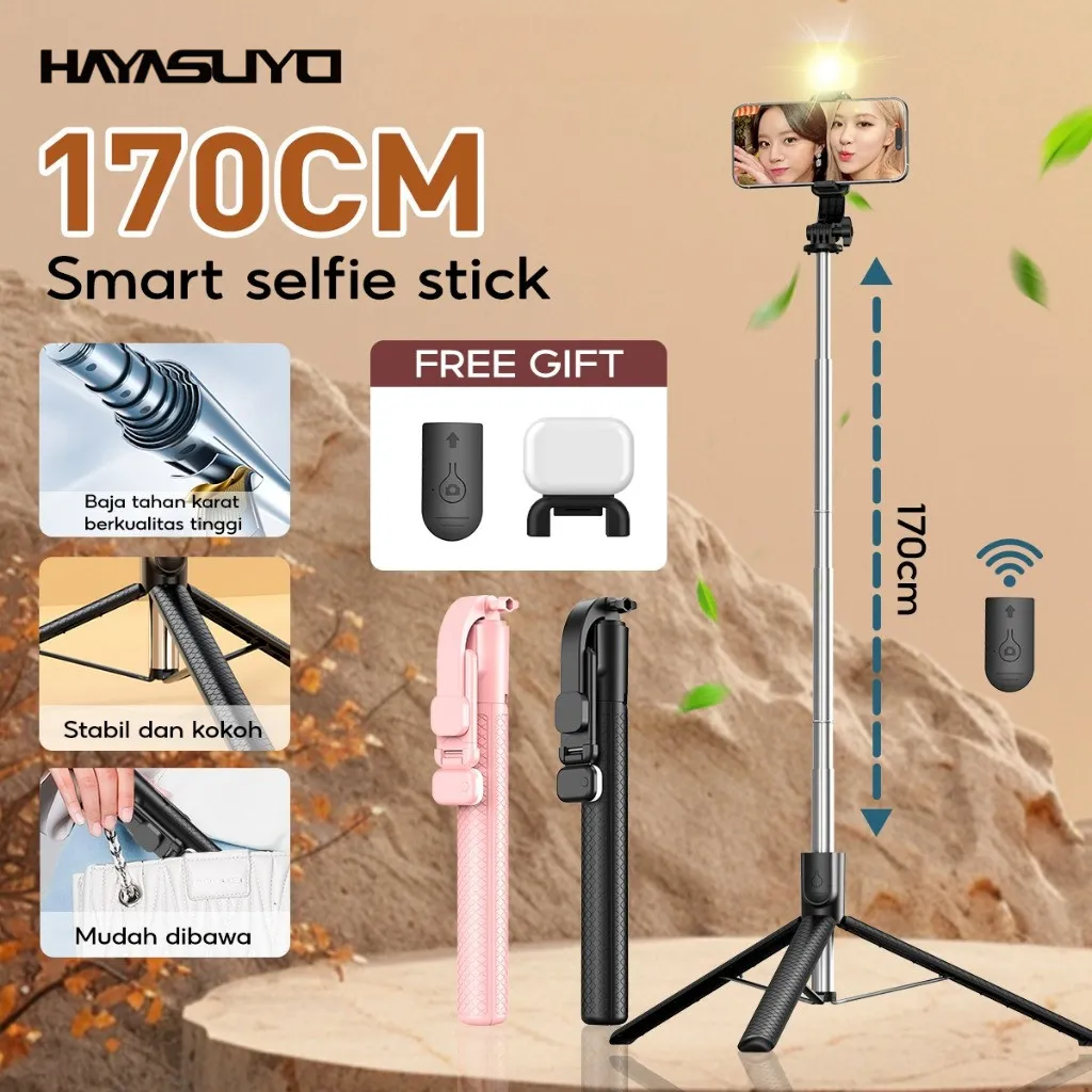 (Gratis  100%Asli Lampu Pengisi) Hayasuyo Tripod 170cm Selfie Stick Remote Bluetooth 170cm LED Light Multifungsi Tongkat Selfie Stainless Steel Tripod 01