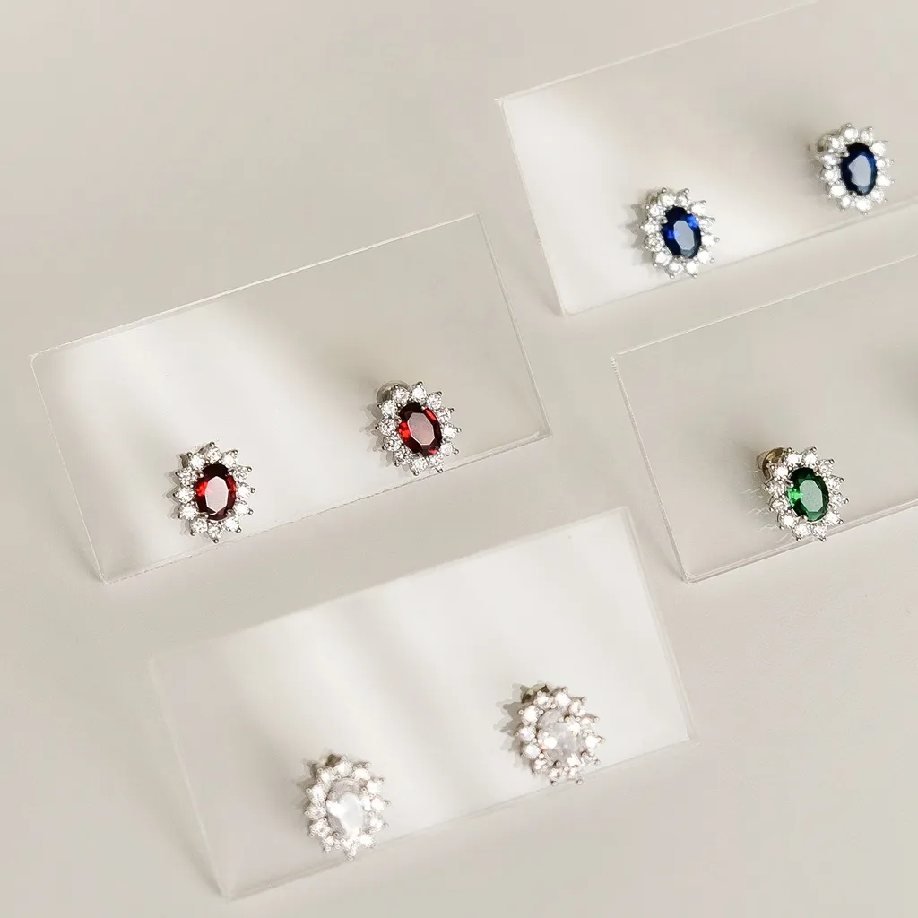 Oval Paved Stone Zirconia Stud Earrings — Brass with Cubic Zirconia Anting Stud