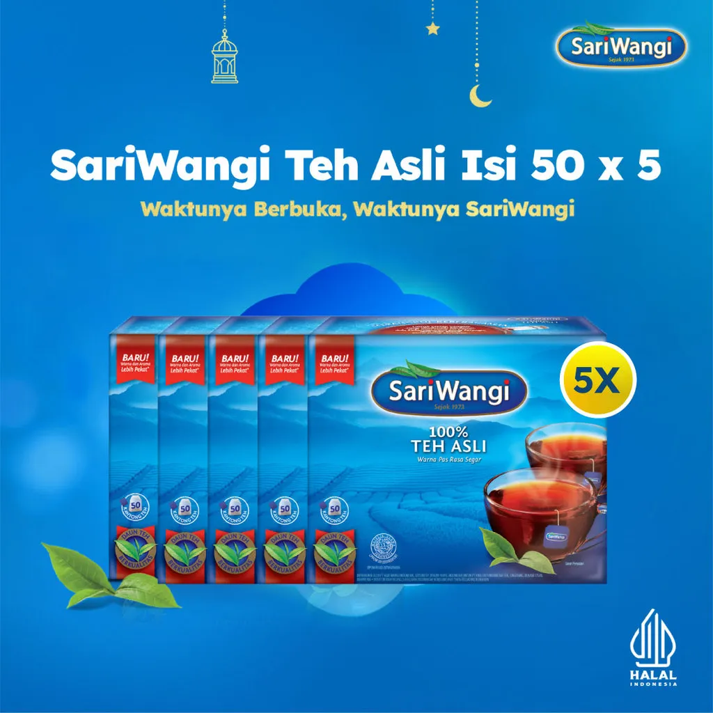 SariWangi Teh Celup 100% Teh Hitam Asli Pilihan Indonesia 1.85G Isi 50 x 5 #WaktunyaSariWangi