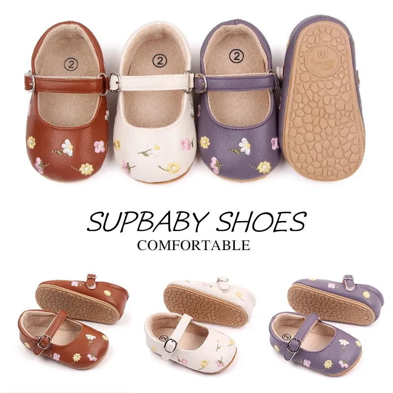 Sepatu Bayi Perempuan Embroidery Flower Usia 0 - 12 Bulan Anti Slip, Sepatu Bayi Perempuan Lucu