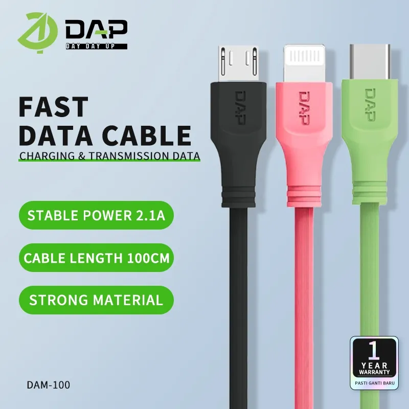 DAP DA Series Kabel Data Micro, Type C & Lightning 2.4A Fast Charging 100cm Garansi Resmi 1 Tahun