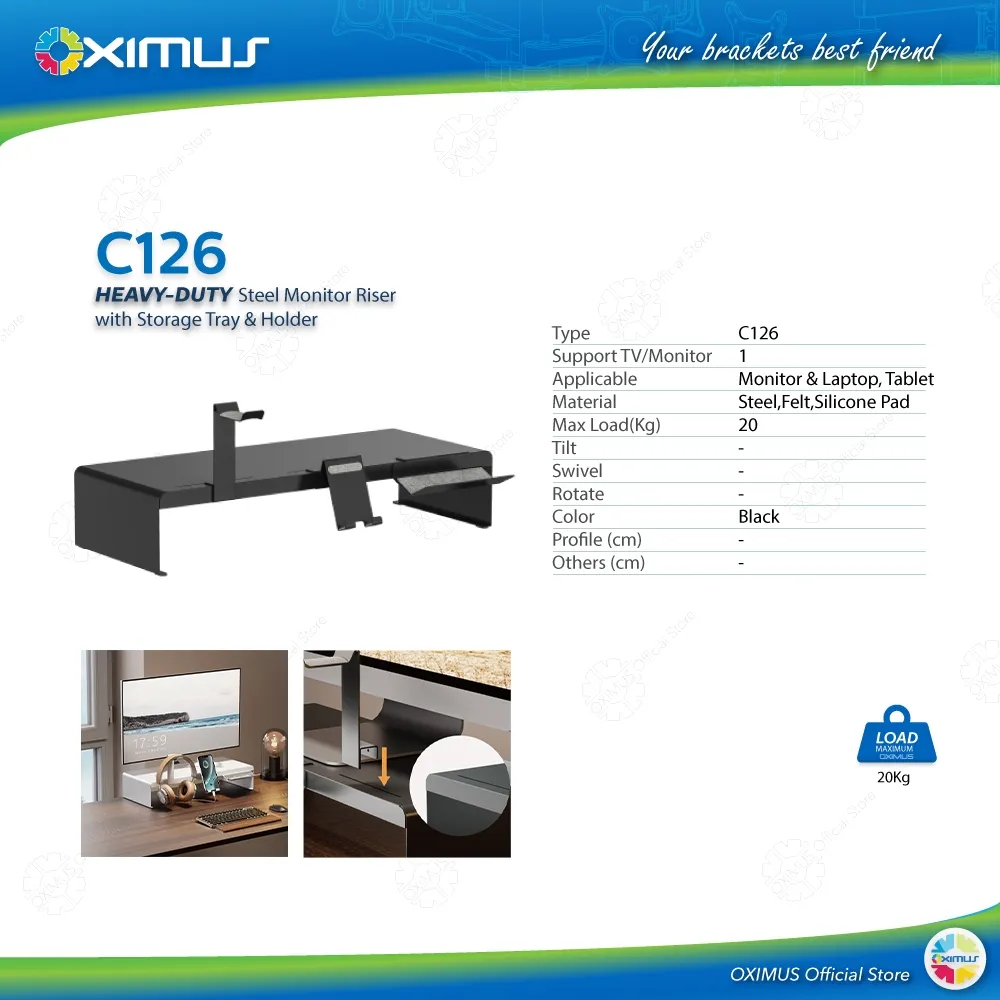OXIMUS C126 Desk Shelf Monitor Riser Monitor Stand dengan Penyimpanan Multifungsi untuk Meja yang Lebih Rapi Dilengkapi dengan tray aksesori, holder headphone, holder ponsel yg dapat dilepas pasang, memberikan fleksibilitas dlm mengatur ruang kerja