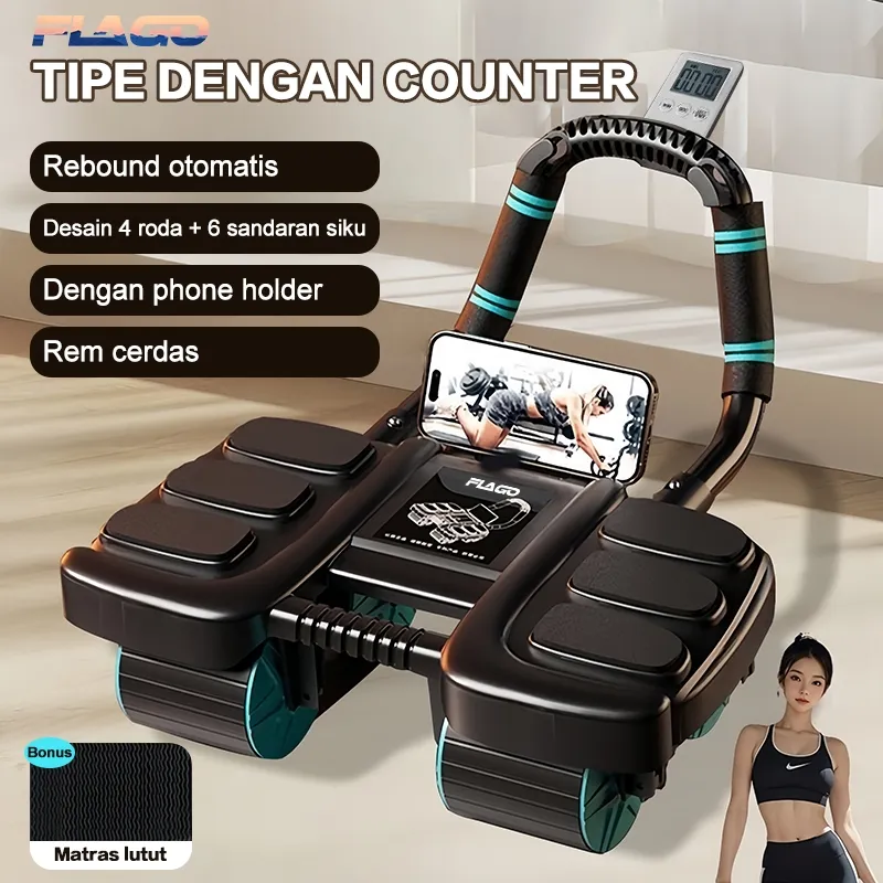 FLAGO Alat Olahraga Di Rumah Ab Wheel Roller 4 Wheel Sport Abdominal Roller Elbow With Phone Holder Hitung Cerdas