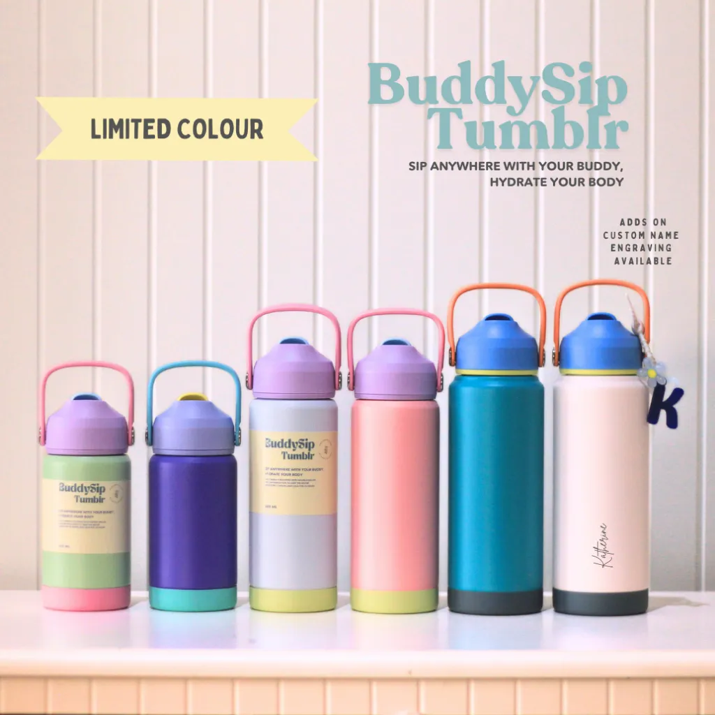 [Limited Colour] BuddySip Tumbler Organicenter Botol Air Minum Custom Grafir Nama Vacuum Insulated 18/8 Pro-Grade Stainless Steel Double Walled Insulation Termos Anak Tahan Panas Dingin 1 Liter Engraved BPA Free Handle Water Bottle Kids Thermos