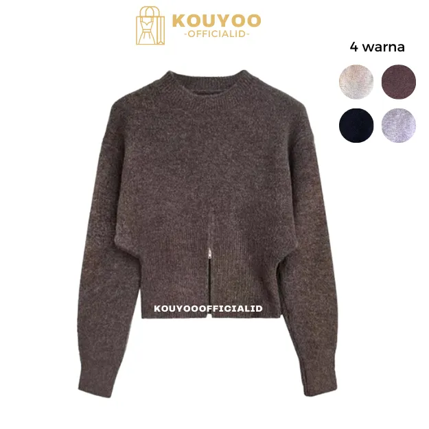 KOUYOO Rajut Serbaguna Sweater Warna Solid  Pakaian Rajut Longgar Ritsleting Wanita Lengan Panjang