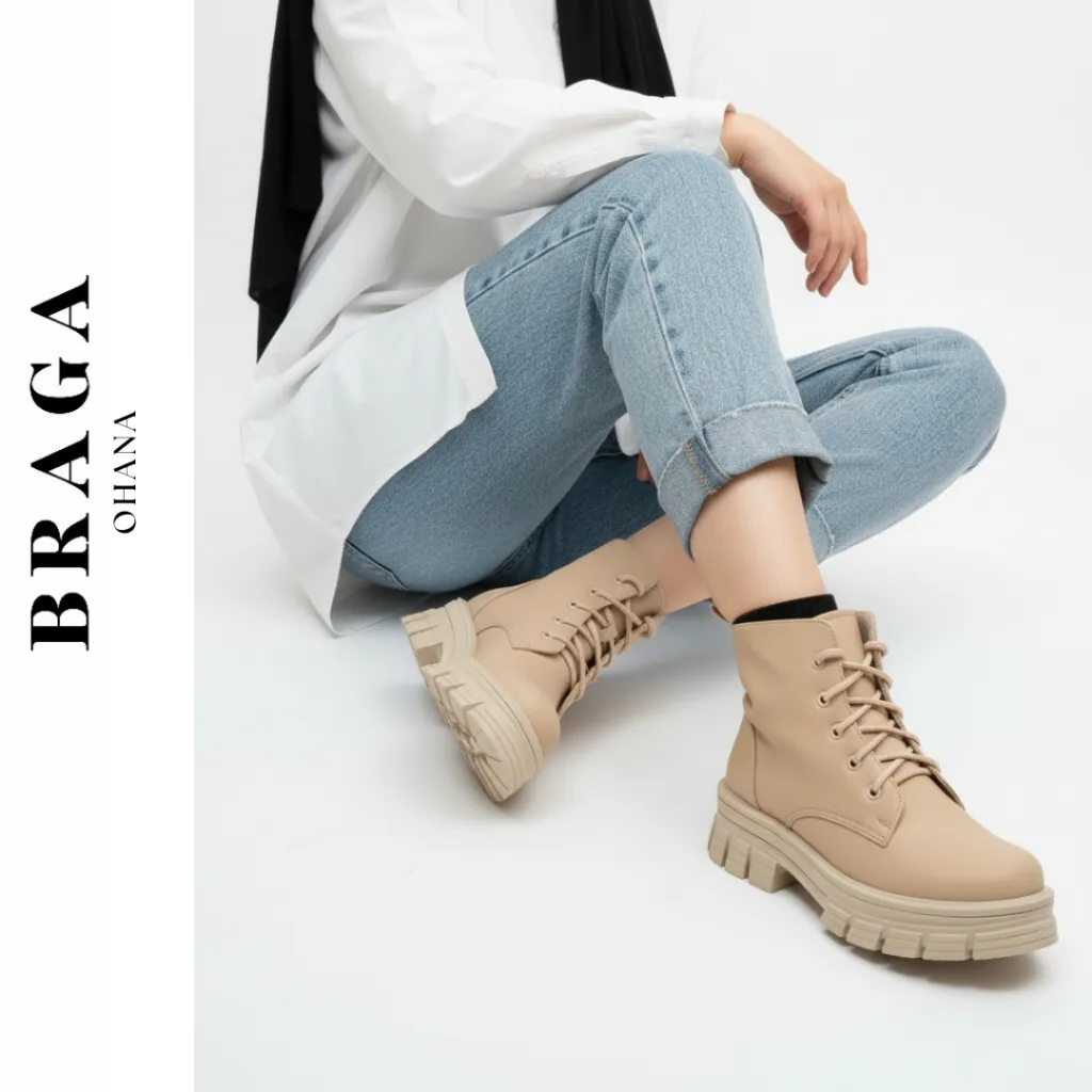 BRAGA Ohana B 3721 Sepatu Boots Wanita | Boot Konser Kerja Kantor Casual Jalan Hitam Krem