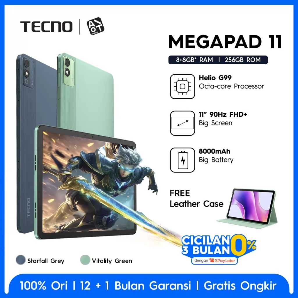 TECNO MEGAPAD 11 8+8GB*256GB, 11inch Ultra Screen with Eye Care Mode, Sim Card + T-Flash, 8000mAh, 18W Fast Charging, MediaTek Helio G99, Android 14