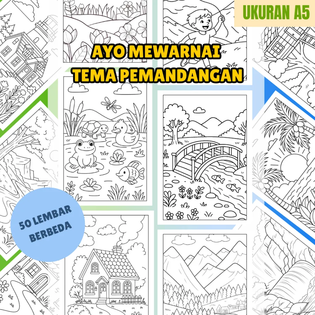 50 Kertas Mewarnai Tema Pemandangan Ukuran A5 Gambar Drawing Coloring Anak TK PAUD Hvs 80 Gsm