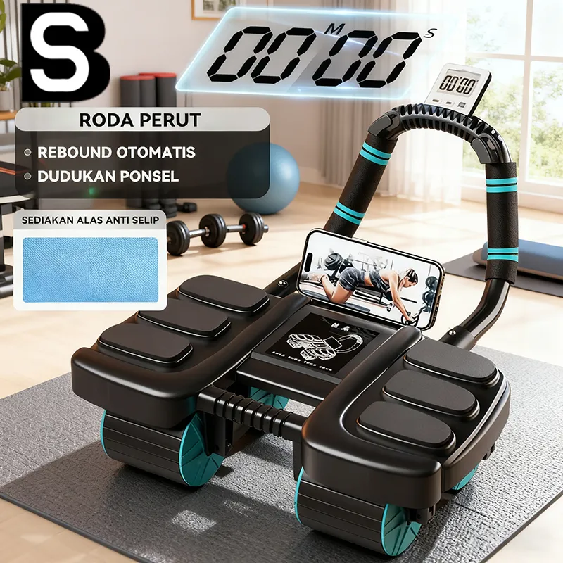 BUSINES SPORT Abdominal Wheel Roller Ab Auto Rebound 6 Pads 4 Wheels Gym Home Workout Hitung Cerdas