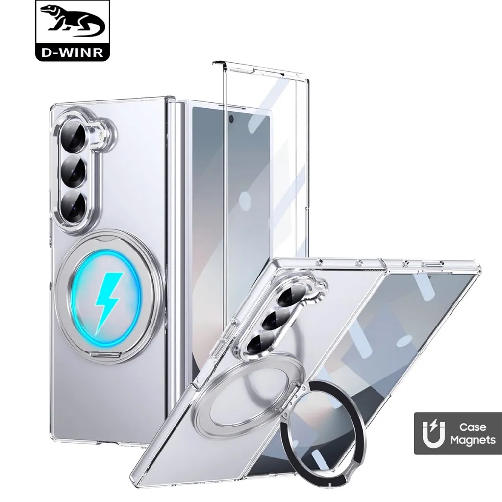 DWINR Case HP Lipat Kaca + Pelindung Lensa Bracket Cincin 360 untuk Samsung Galaxy Z Fold 7 Casing Magsafe Wireless Charge Magnetic Transparan Ring Stand untuk Samsung Z Fold 3 4 5 6 7 Hardcase Bening Full Protection Kamera & Layar