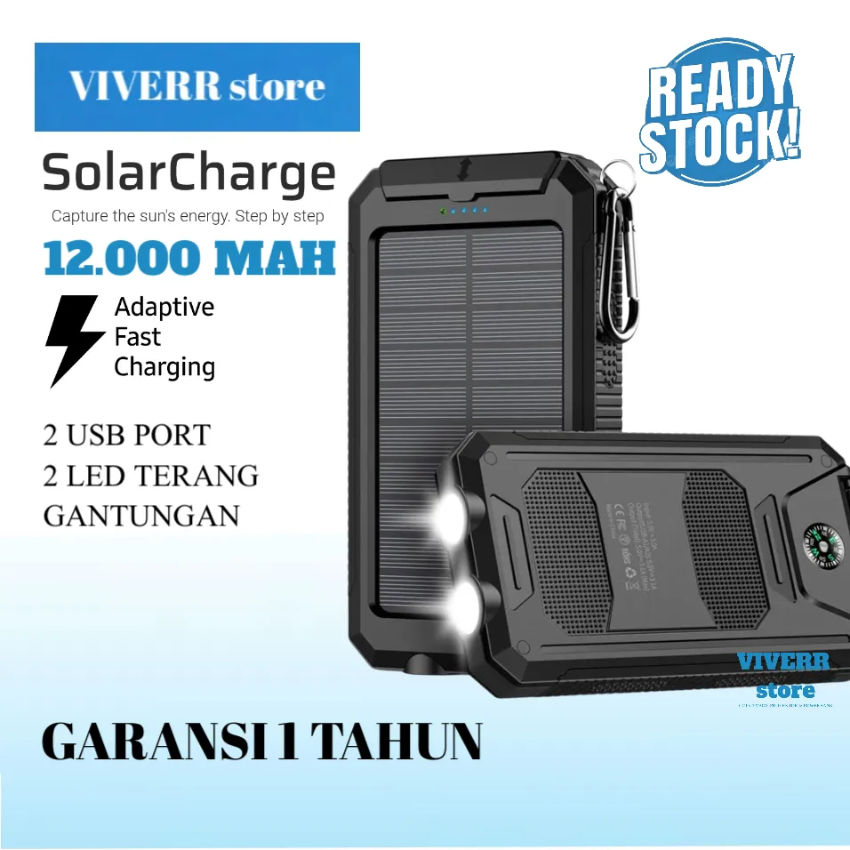 Powerbank VIVERR Solar Type VS01 kapasitas 12.000 mAh Bisa mengisi daya lewat Matahari garansi 1 Tahun.