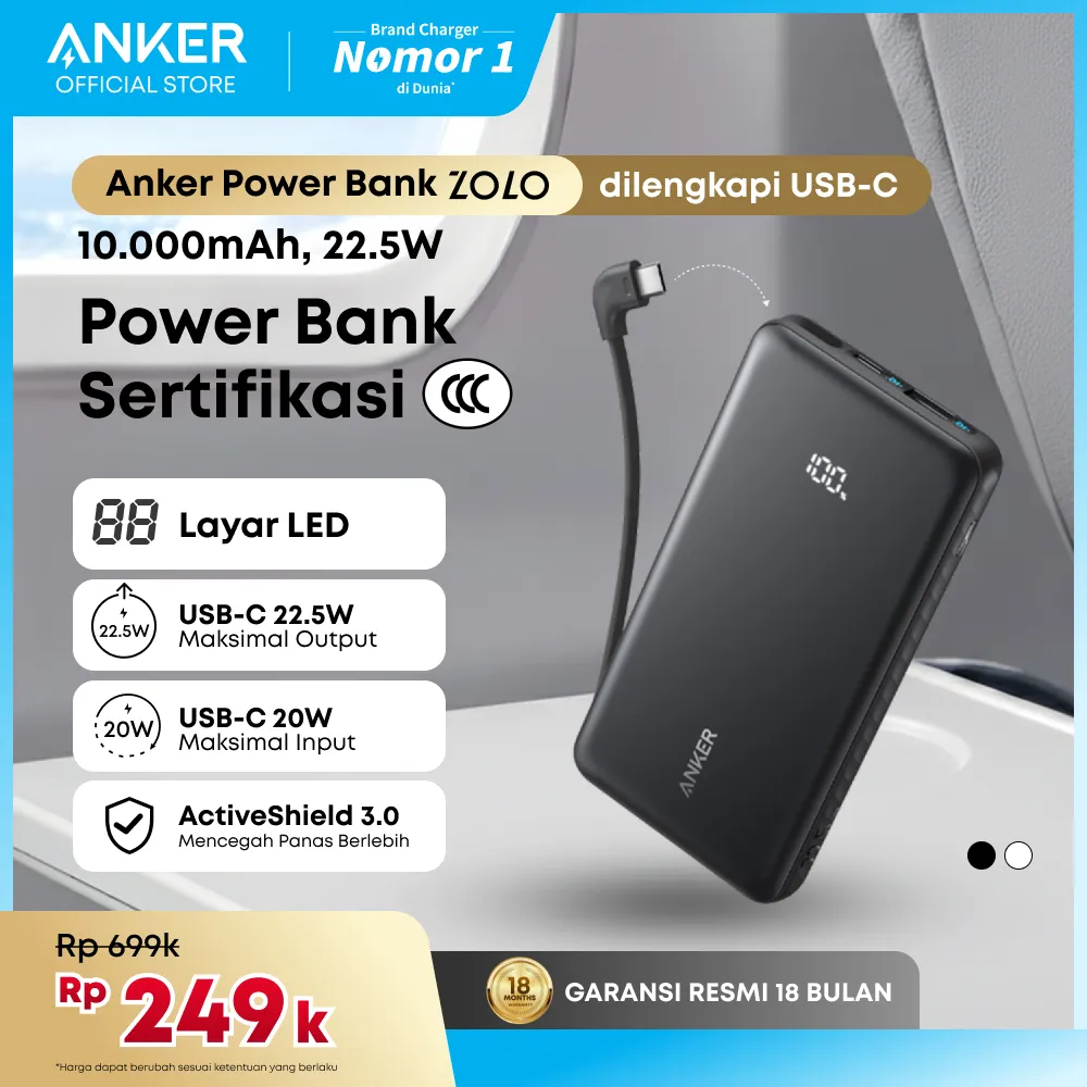 Anker Zolo Portable Power Bank 3C / CCC 10,000mAh / 20,000mAh 3 ports with Built-in Type-C Cable Type-A port 22.5W Fast Charging PD PPS, Pass Through Charging, Compatible for iPhone, Samsung - A110D / A110E