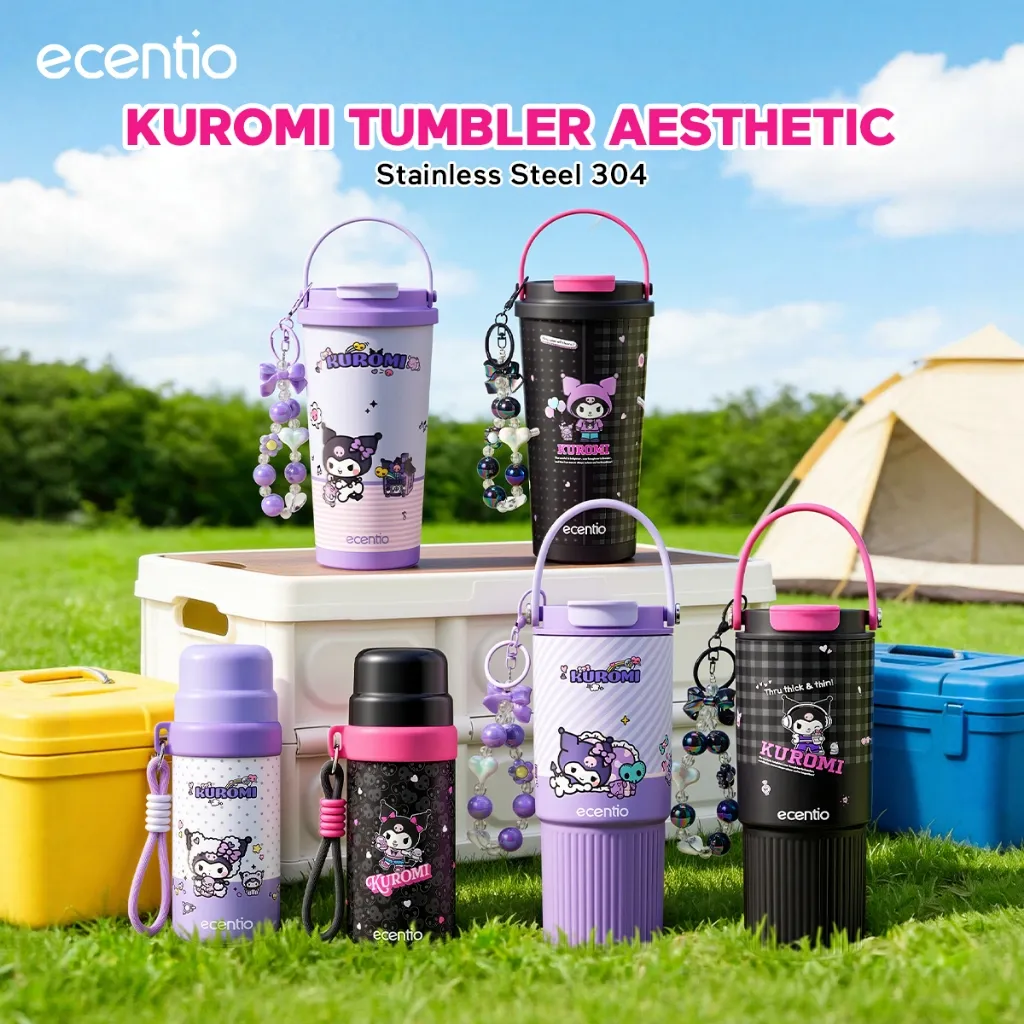 [Gratis Dompet Mini] ecentio Kuromi Tumbler Aesthetic Sanrio Ungu/Hitam Stainless 304 Botol Minum Anak Perempuan Sanrio 350ML/580ML/850ML Lucu Anti Bocor Tumbler Tahan Panas Dingin 24 Jam Termos es Souvenir Natal Original High Quality