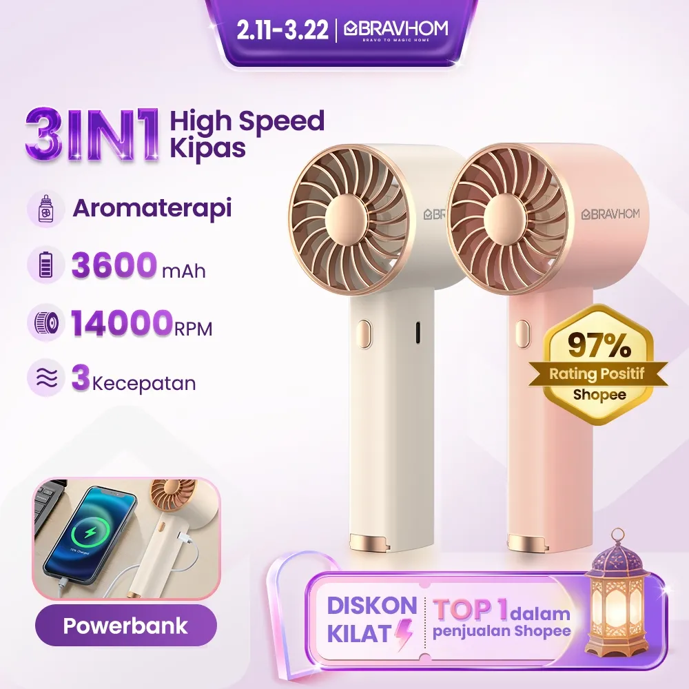 BRAVHOM Kipas Angin Mini Portable 3IN1 Powerbank 3600mAh Aromaterapi Kipas Angin Portable BL-FN16