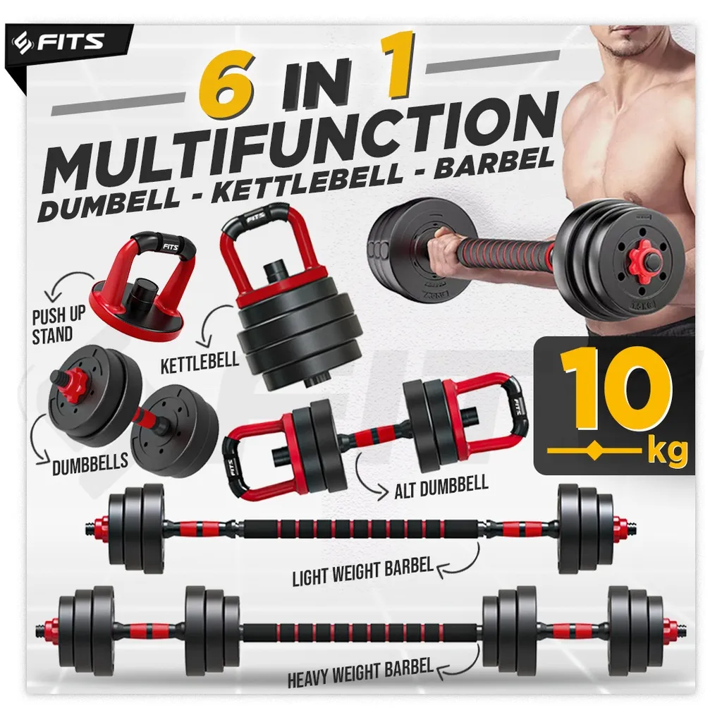 SFIDN FITS 6 in 1 Adjustable 10kg Dumbell Barbel Dumbbell Barbell Set