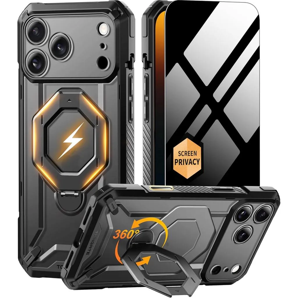 TONGATE untuk Casing iPhone 17 Pro Max dengan 360° Stand Magnetik Putar [Perlindungan Tingkat Militer] dengan Pelindung Layar Privasi & Penutup Kontrol Kamera untuk iPhone 17 ProMax Hitam
