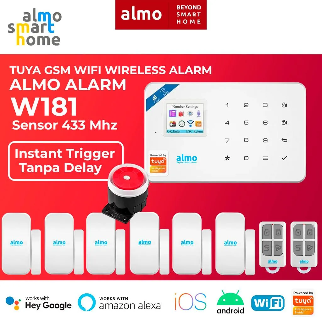 ALMO Wireless GSM Wifi W181 Tuya Smart Alarm Rumah Dual Koneksi WiFi & GSM, 100 Sensor, Baterai Internal, Kontrol Aplikasi Tuya Smart atau Smartlife