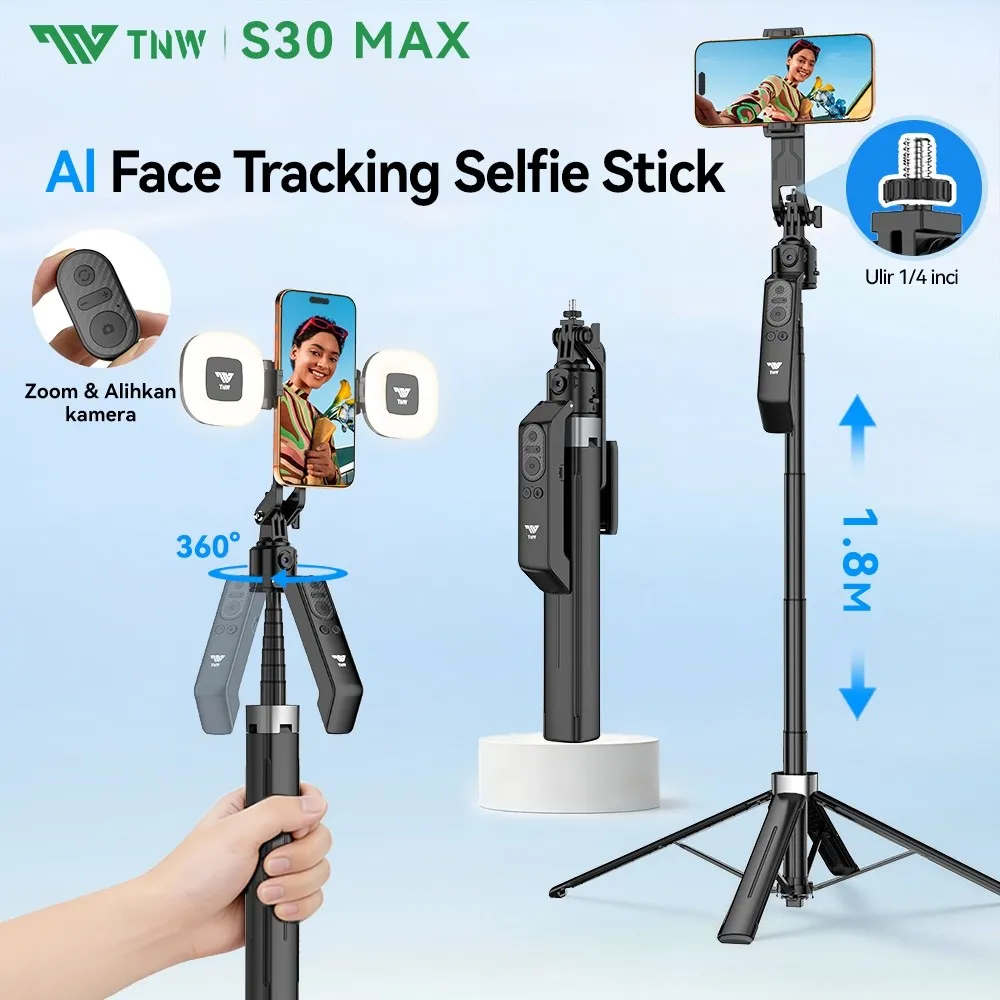 TNW S30max Auto Face Tracking Tripod 360°Rotation Gimbal Stabilizer 180cm Bluetooth Tongsis Tripod Dengan Lampu Untuk Handphone Kamera Konten Kreator