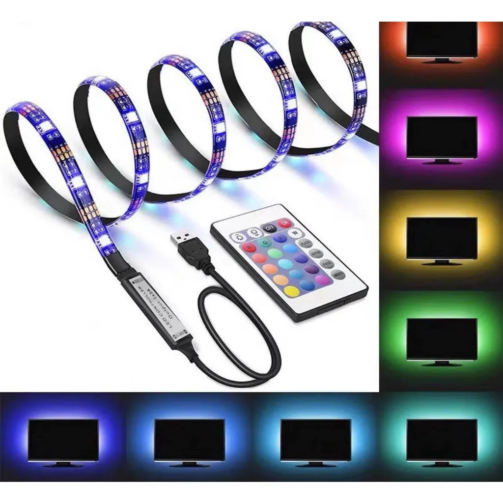 LED Strip Lampu RGB USB DC 5V SMD 5050 + Remote Indoor PC TV Modding 2meter 5meter
