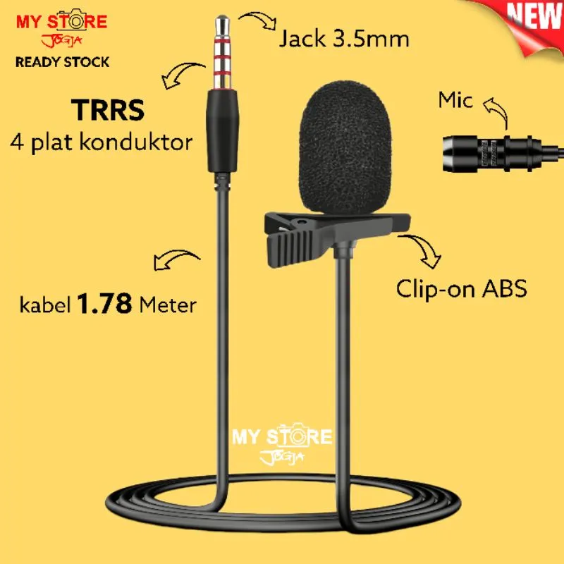 Microphone clip on lavalier mic TRRS jack 3.5mm 1.78 meter 178cm 4 pole konduktor audio video android smartphone mikrofon eksternal condenser klip jepit vlog reccord rec video tiktok youtube smule pc plug and play laptop xiaomi samsung oppo vivo asus