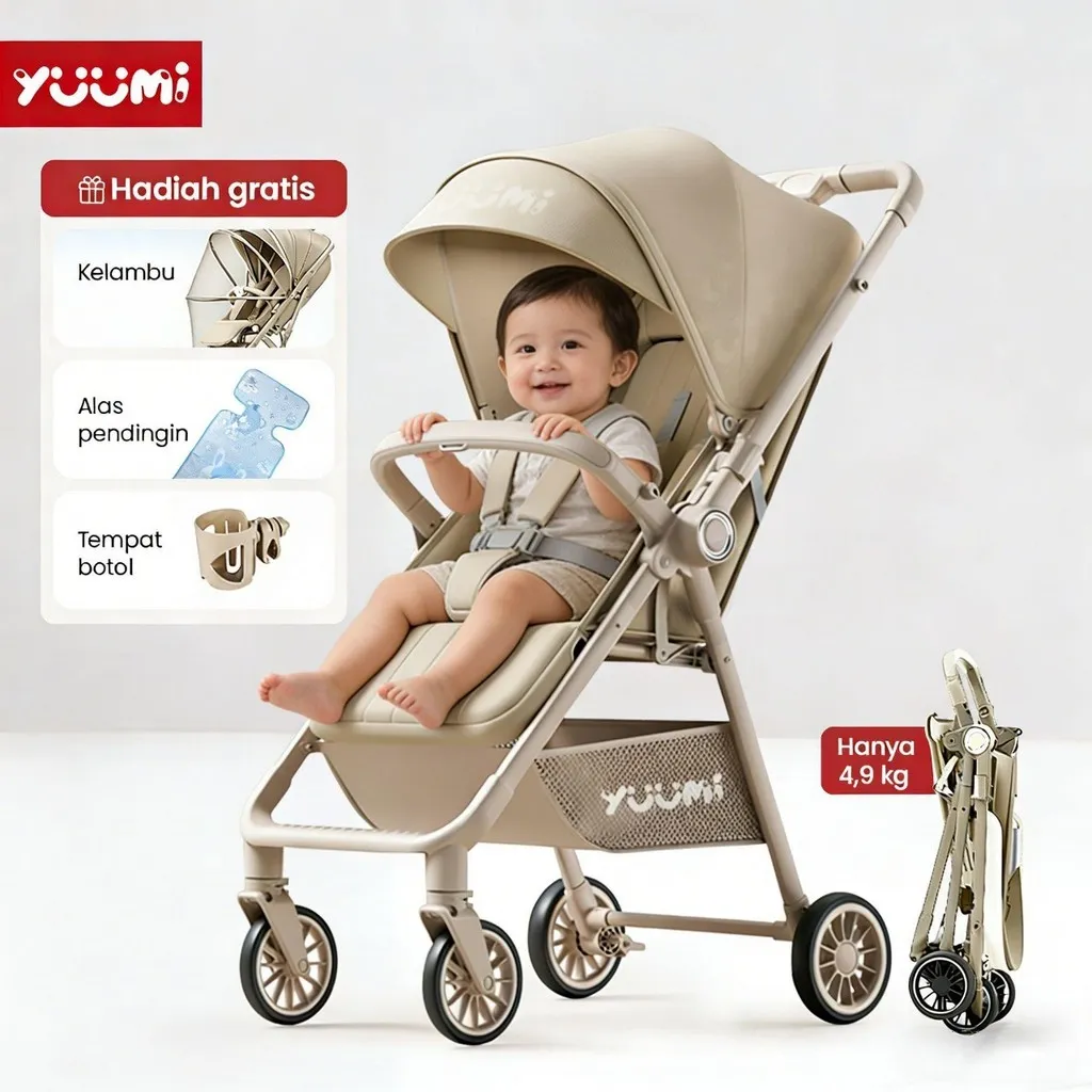 Yuumi Stroller Bayi Lipat - Kereta Dorong 2 Arah Roda Universal 360° Sabuk Pengaman 5 Titik Portabel Traveling Cabin Size Multifungsi