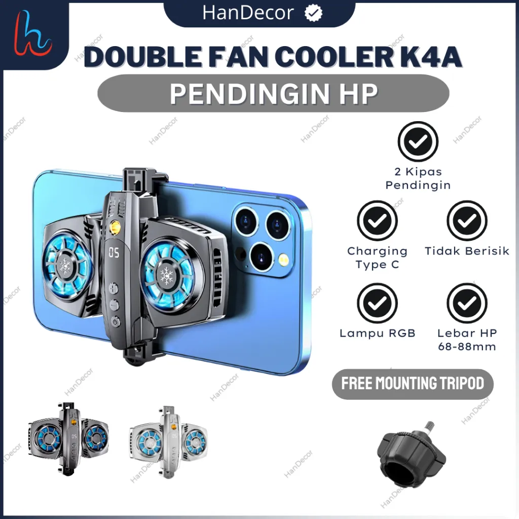 Double Fan Cooler K4A Smartphone Kipas Radiator Pendingin Hp 68-88mm | Alat Pendingin Hp USB Type C RGB