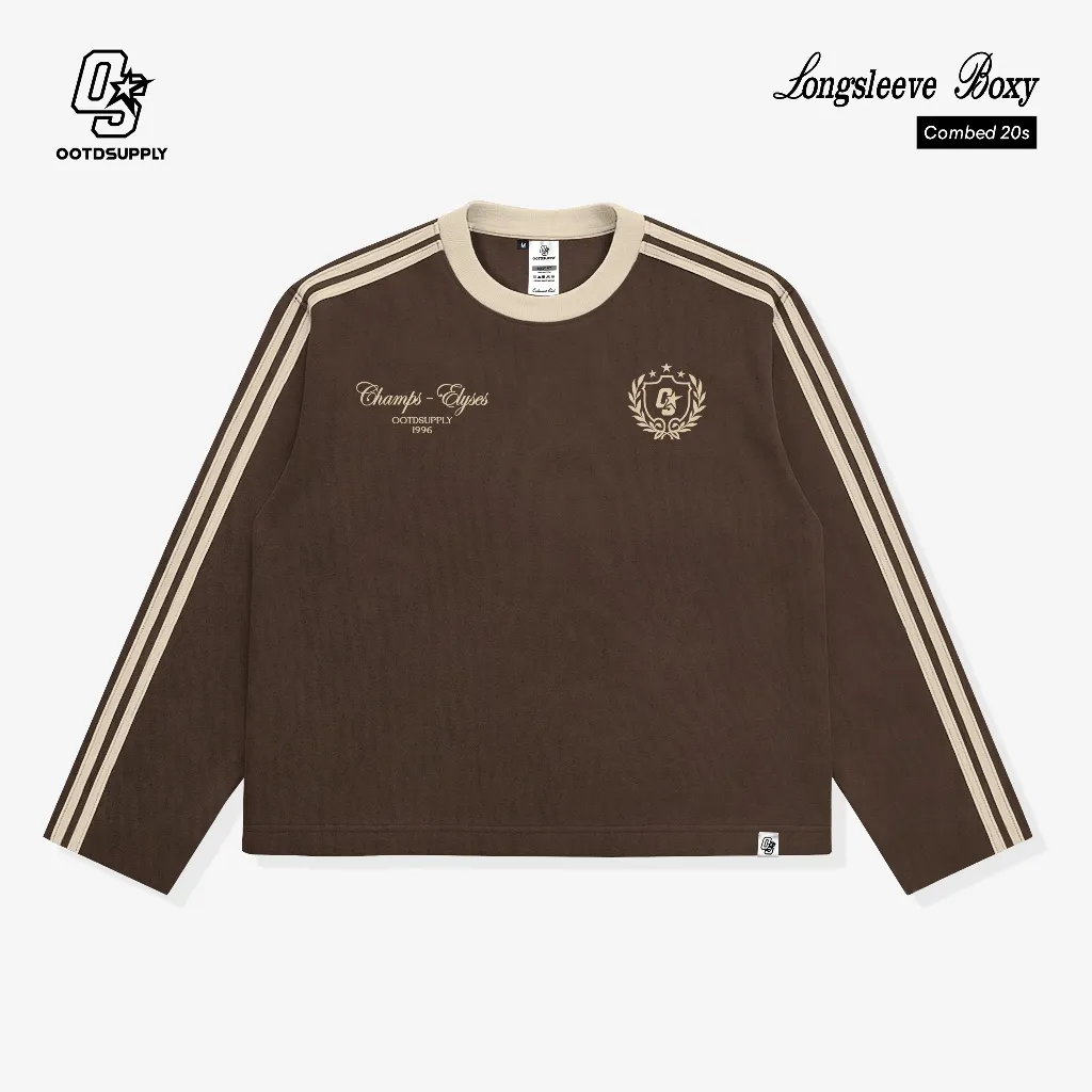 OOTDSUPPLY Longsleeve Boxy Double Stripe Elyses Dark Brown & Black l Oversize T-Shirt Lengan Panjang l Kaos Kerah I Kaos Stripe | LSBX007