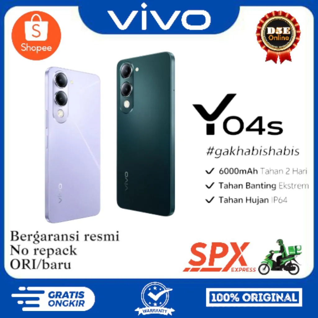 Smartphone Vivo Y04s 4/64 ,4/128 AI erase garansi resmi 1 tahun