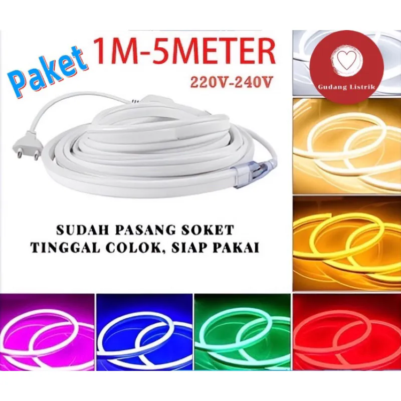 PAKET LAMPU NEON FLEX 220v 1M 2M 3M 4M 5M 5 METER LED SELANG FLEKSIBEL 220V WARNA NEON BOX OUTDOOR IP65 HURUF DIY 220V STRIP