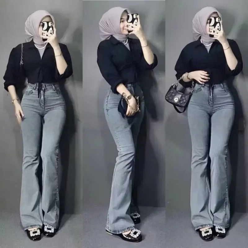 Celana Panjang Jeans Wanita Highwaist Cutbray Denim Stylish
