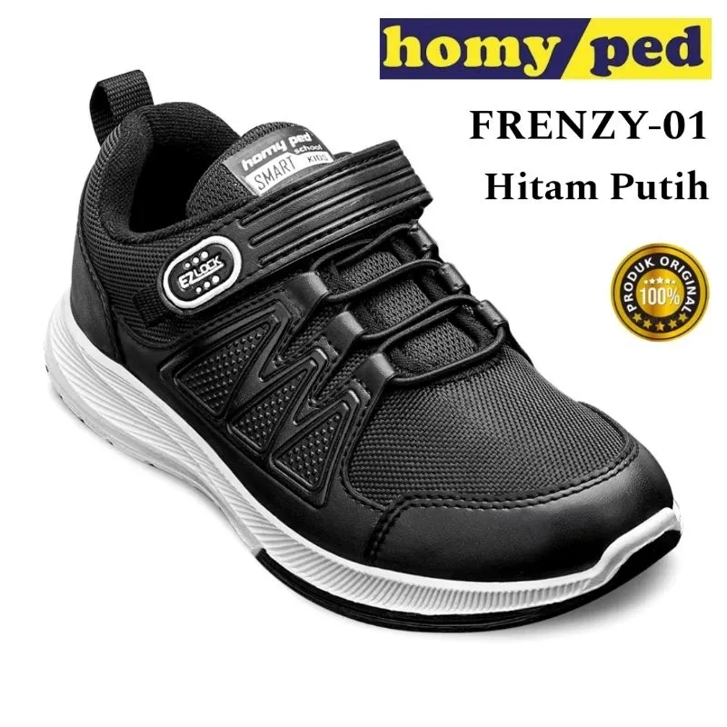 Homyped Sepatu Anak Sekolah Cowok Cewek Hitam Putih Perekat Tali Kekinian Size 29 sd 38