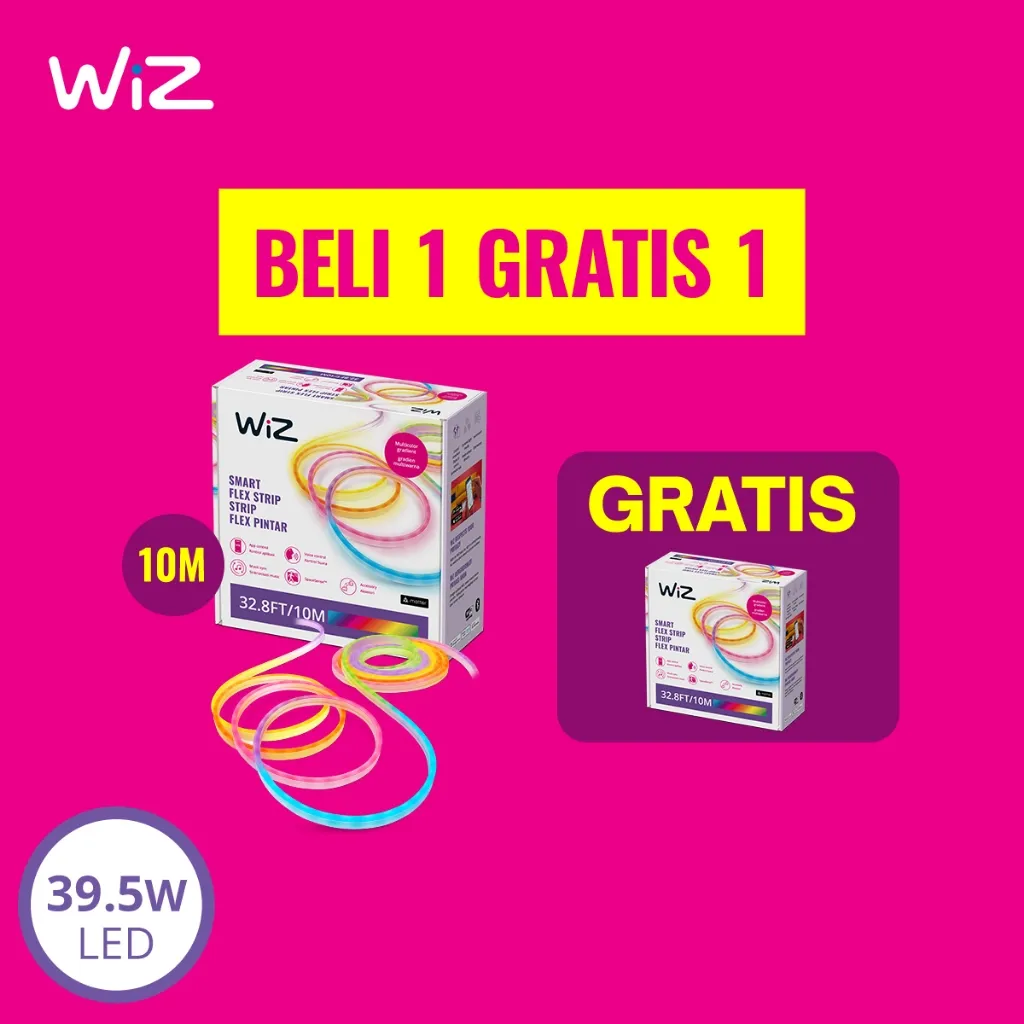 Beli 1 Gratis 1 WiZ Lampu Smart WiFi LED Neon Strip RGBIC 10M - Lampu Hias, Lampu Dinding