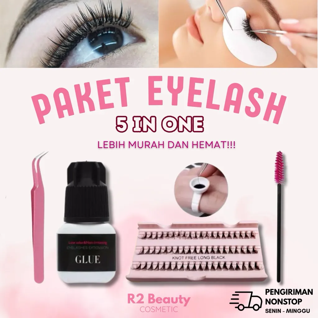 PAKET EYELASH EXTENSION KNOT FREE EXTRA LENTIK 5in1 / PAKET BULU MATA TANAM EYELASH EXTENSION 5in1