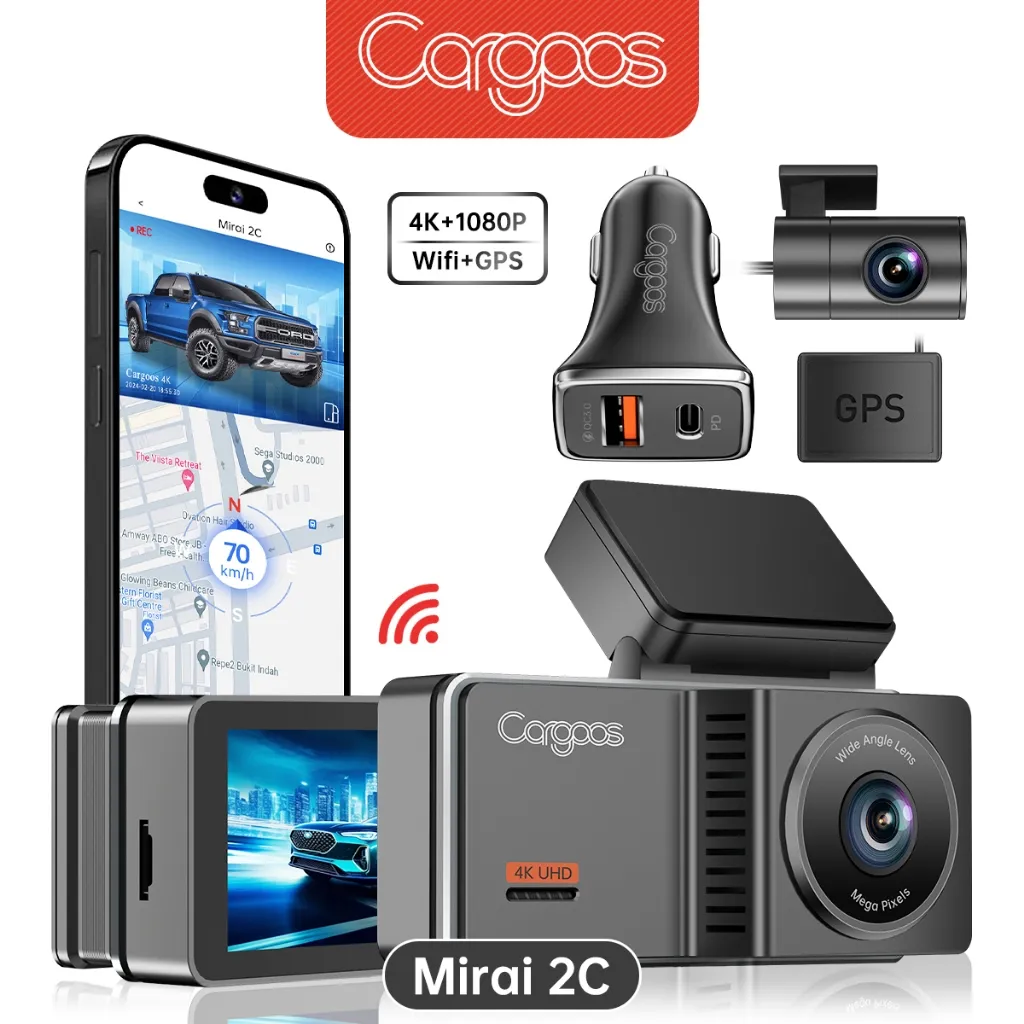 Cargoos All-New Mirai 2C Dashcam 4K+1080P ADAS GPS WiFi layar 3.7'' Dual Kamera Mobil HDR+WDR Depan+Belakang