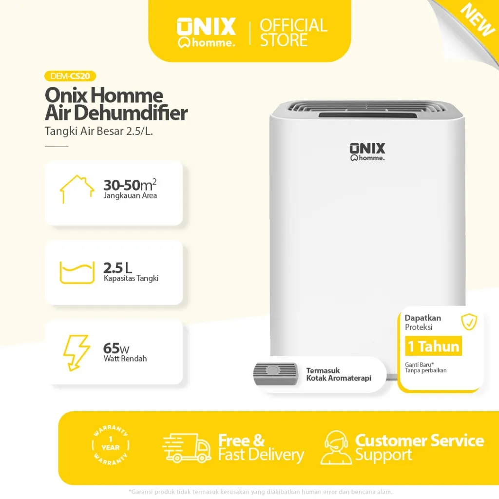 ONIX Dehumidifier Kapasitas 2.5L 400mL/Hari Anti Bising 35dB Untuk Kamar Lemari Kamar Mandi DEM-CS20