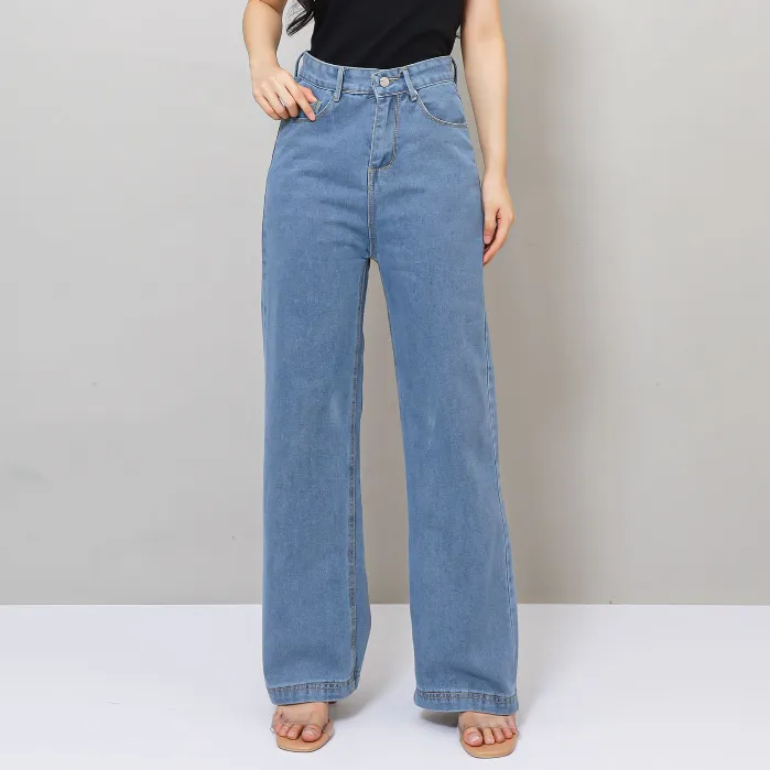 BLUEPANSY.ID – Jeanus Celana Loose Jeans Wanita High Waist Lurus Loose Fit Wide Leg Light Blue Denim