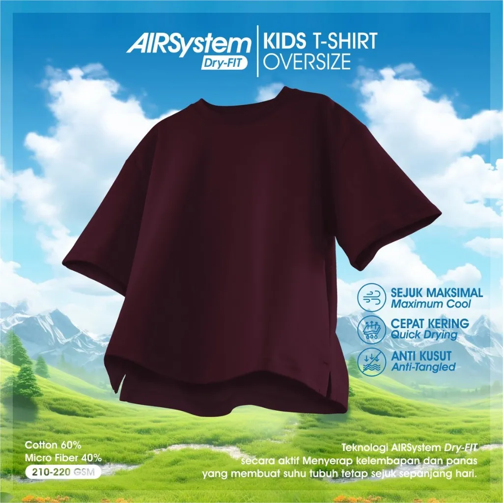 Kaos Anak Oversize AIRsystem Micro Cotton Danbowl Anti Kusut CMGKIDS Fashion Unisex Burgundy