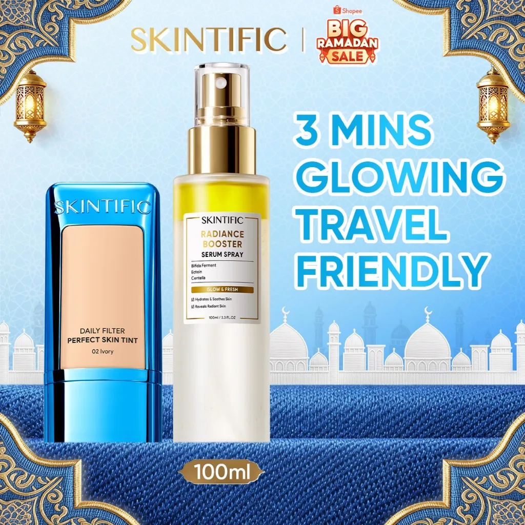 SKINTIFIC - 2IN1 3Mins Glowing Make-up Set | Tone-up Natural Glow 2PCS Instant Glow Serum Spray & Blurring Skin Tint Perfect Coverage Flawless BB CC Cream Tinted Foundation Blur Long-lasting Radiant Setting Spray Skincare Bundle Travel Size