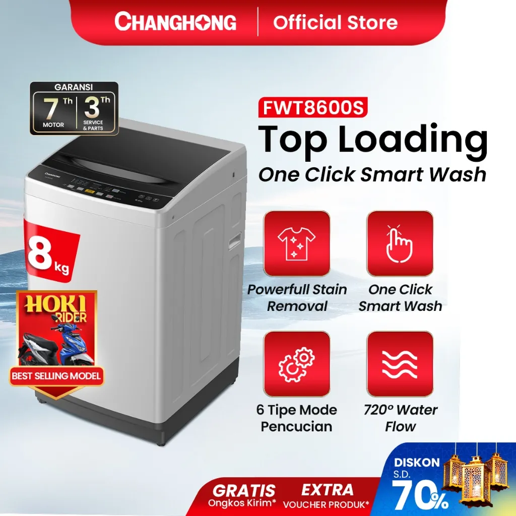 Changhong Mesin Cuci 1 Tabung Top Loading 8Kg Washing Machine - FWT8600S Powerful Stain Removal  One Click Smartwash   Tube Clean   720° Water Flow
