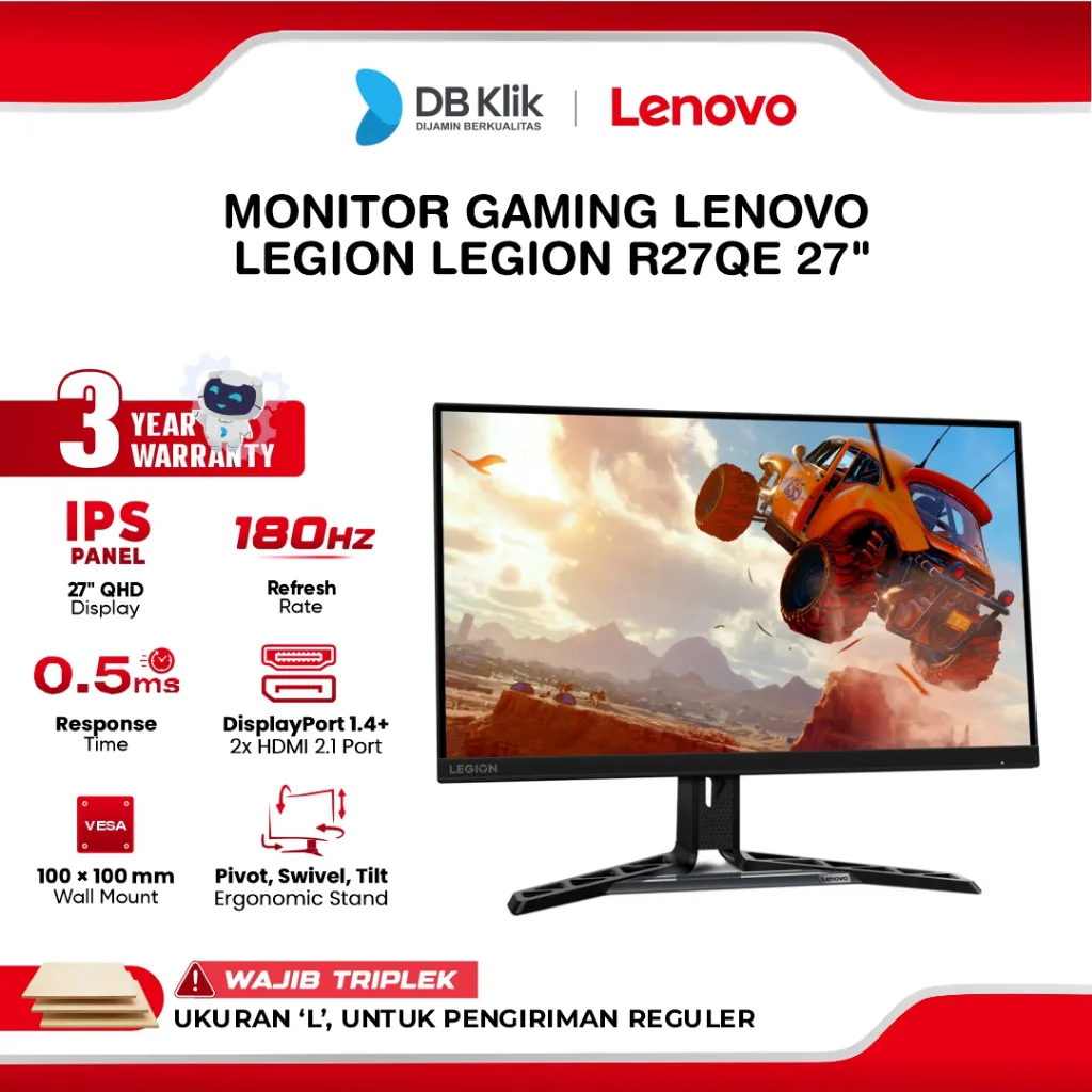 LENOVO R27QE/R27QE Gen2 Monitor Gaming 27" IPS QHD 180Hz/200Hz 0.5ms AMD FreeSync HDR400/HDR10 Full Ergonomic Stand HDMI DP
