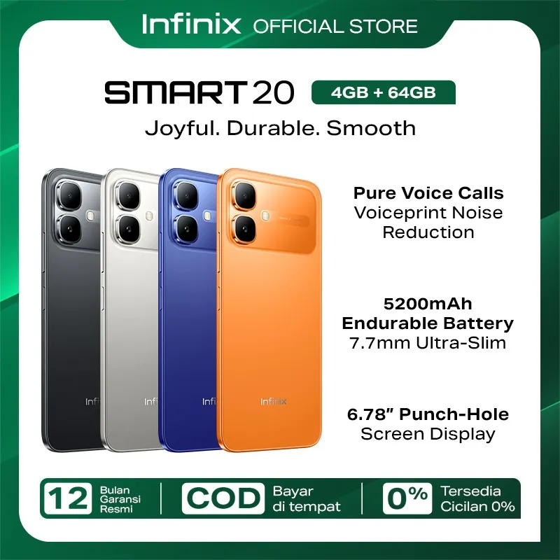 Infinix Smart 20 4/64GB - Up to 8GB Extended RAM - Mediatek Helio G81 - 6.78” - 8MP - 5200 mAh - IP64