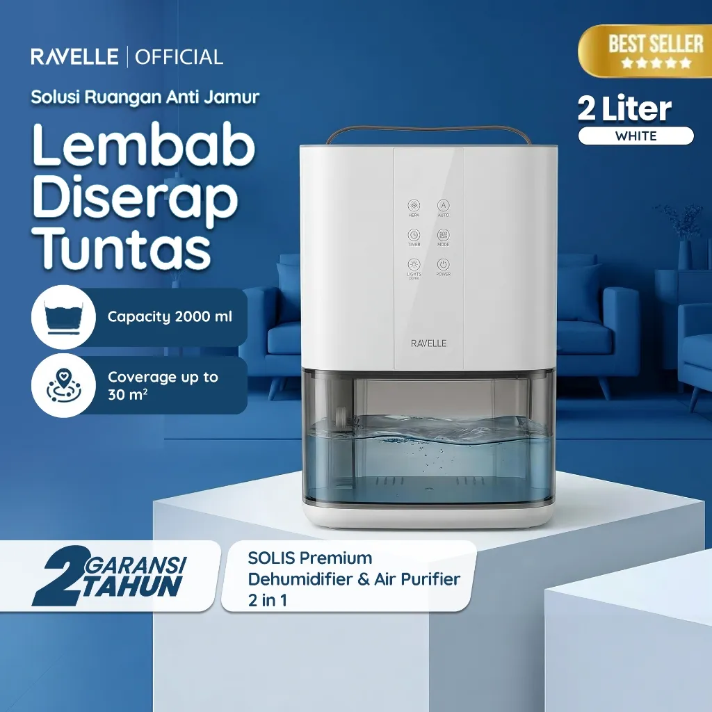 Ravelle Solis Premium Dehumidifier & Air Purifier 2in1 2L – Serap Air, Penyerap Kelembapan Udara &  Pemurni udara
