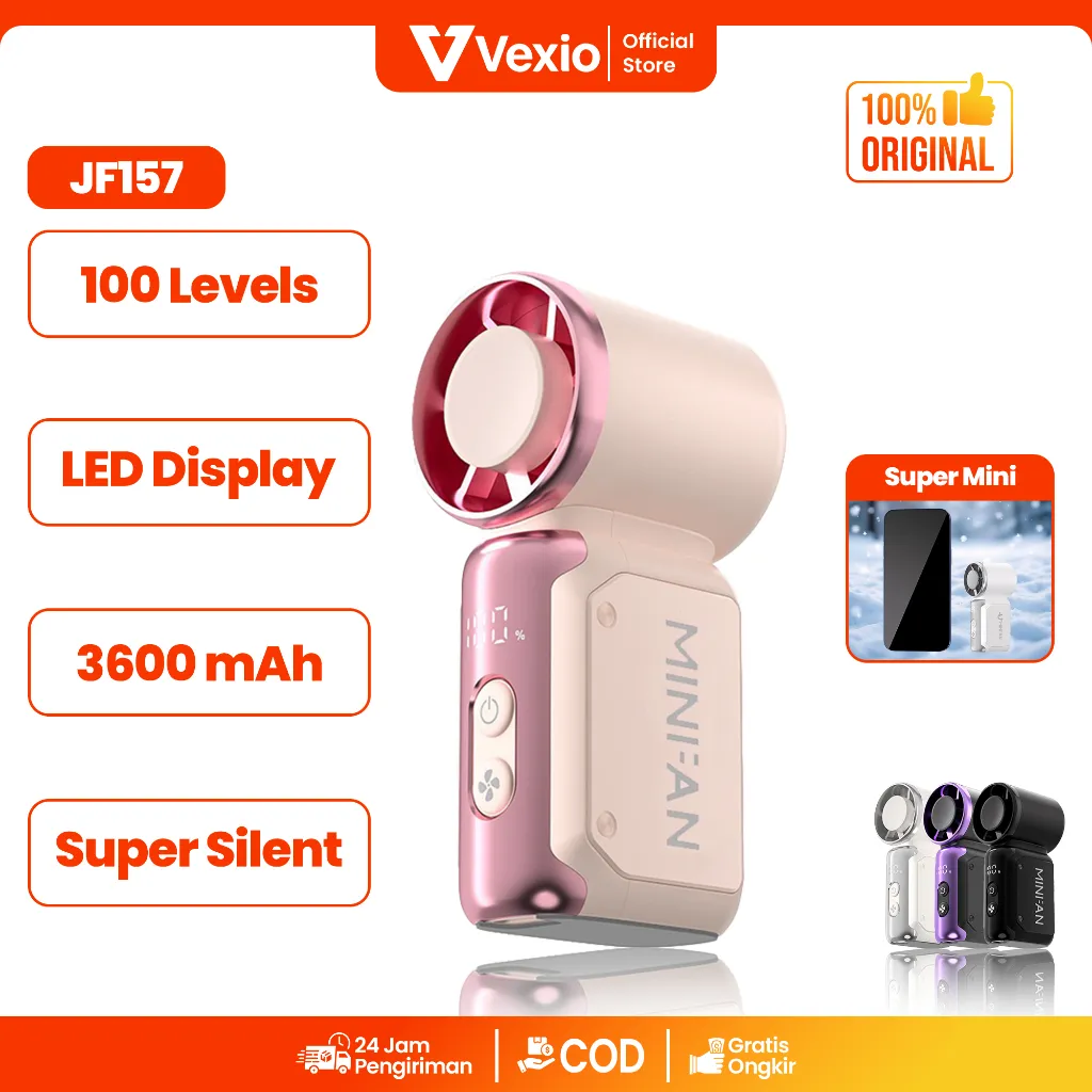 VEXIO JF157 Mini Pocket Fan Kipas Angin Portable Mini Premium dengan 100 Level Stepless Speed Turbo Wind Smart LED Display Baterai 2000mAh Type C Charging Pocket Size Compact Super Silent Cooling