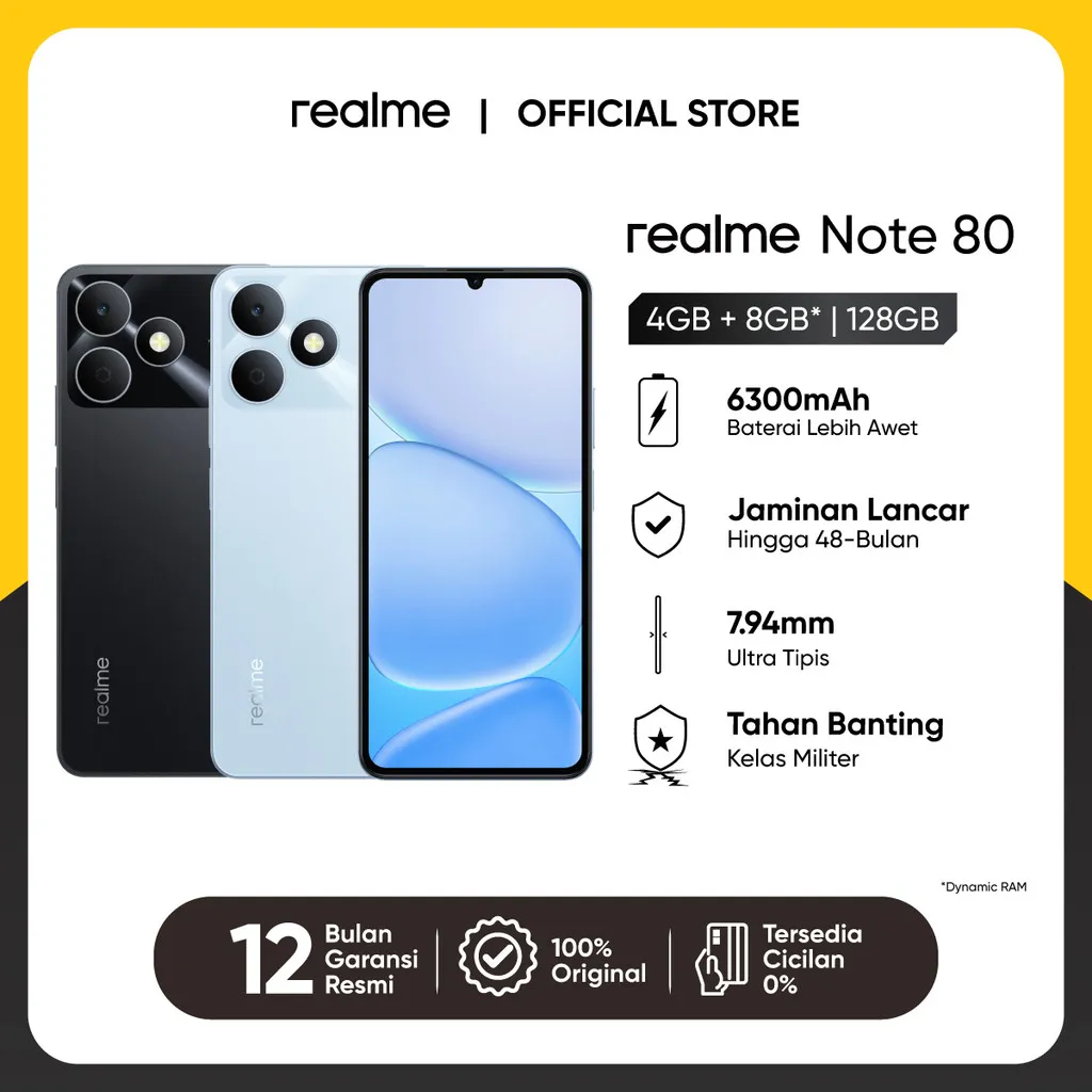 realme Note 80 4GB+8GB*|128GB (Desain Tangguh | 6300mAh Baterai | Proteksi ArmorShell™ | Jaminan Lancar Hingga 48-bulan | IP54)