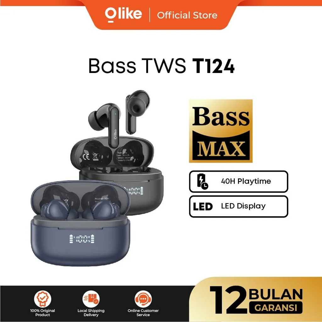 OLIKE TWS T124 Bass Max 40 Jam Playing time + LED Display Battery | Headset Bluetooth 5.3 Stereo