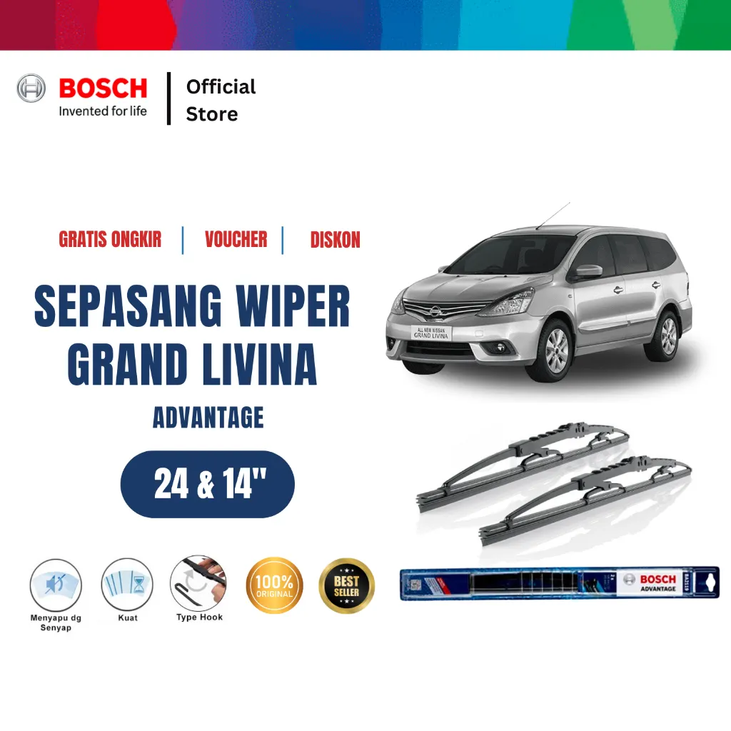 Bosch Sepasang Wiper Kaca Mobil Nissan Grand Livina Advantage 24 dan 14 Inci