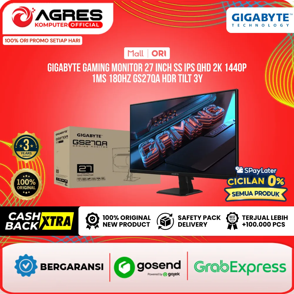 GIGABYTE GAMING MONITOR 27 INCH SS IPS QHD 2K 1440P 1MS 180HZ GS27QA HDR TILT 3Y