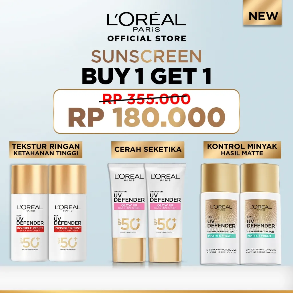 [BUY 1 GET 1] L'Oreal Paris UV Defender Serum Protector Sunscreen SPF 50+ / PA ++++ Skin Care - 50ml Twinpack (Untuk Mencegah Kulit Tampak Tua 5 Tahun & Melembapkan) | Fresh Matte, Glow Up, Invisible Resist 50ml Kulis kusam, garis halus,